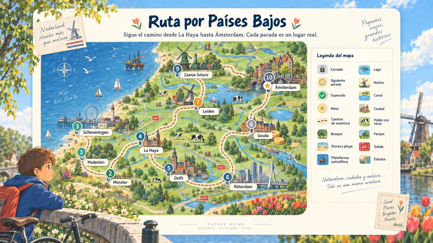 Mapa ilustrado de la ruta: Madestein, Monster, Scheveningen, La Haya, Delft, Róterdam, Leiden, Gouda, Zaanse Schans y Ámsterdam
